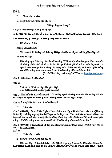 10 Đề ôn thi tuyển sinh Lớp 10 môn Ngữ văn - Năm 2021