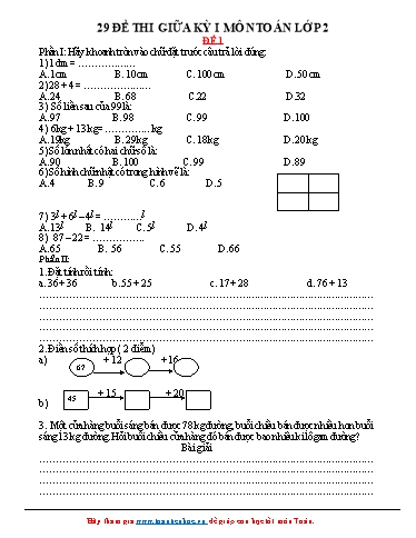 10 Đề thi giữa học kỳ I môn Toán Lớp 2