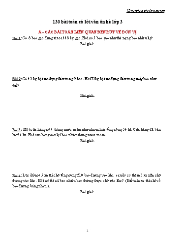 130 bài Toán có lời văn ôn hè Lớp 3