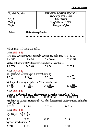 2 Đề thi học kì I môn Toán Lớp 5 (Có đáp án)