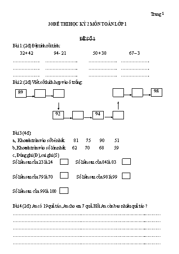 30 Đề Học thi học kỳ II môn Toán Lớp 1