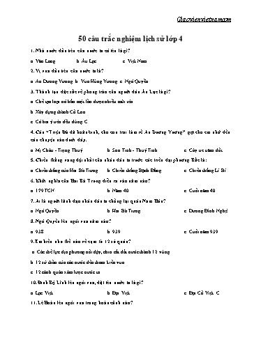 50 câu trắc nghiệm môn Lịch sử Lớp 4 (Có đáp án)
