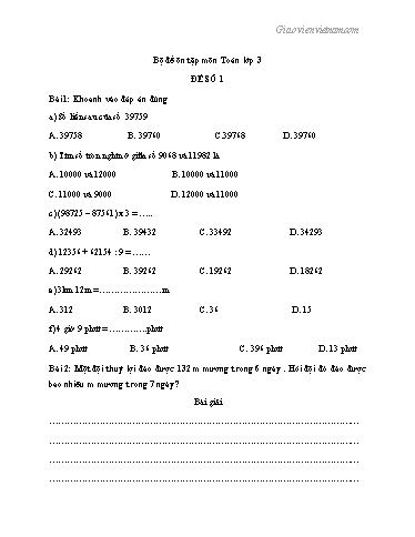 9 Đề ôn tập môn Toán Lớp 3