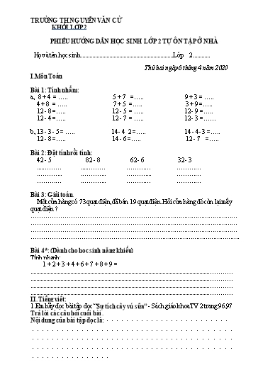 Bài tập ôn tập Covid 19 môn Toán & Tiếng Việt Lớp 2 - Trường Tiểu học Nguyễn Văn Cừ (Lần 8)