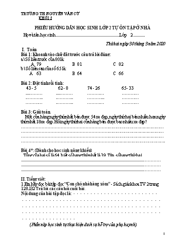 Bài tập ôn tập Covid 19 môn Toán & Tiếng Việt Lớp 2 - Trường Tiểu học Nguyễn Văn Cừ (Lần 7)