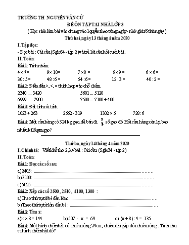 Bài tập ôn tập Covid 19 môn Toán & Tiếng Việt Lớp 3 - Trường Tiểu học Nguyễn Văn Cừ (Lần 9)
