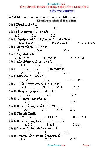 Bài tập ôn tập hè môn Toán & Tiếng Việt - Dành cho Lớp 1 lên Lớp 2