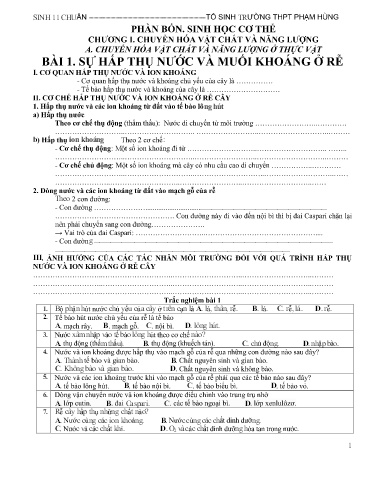 Bài tập ôn tập học kì I môn Sinh Lớp 11 - Phần 4: Sinh học cơ thể - Năm học 2021-2022