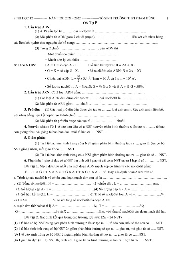 Bài tập ôn tập học kì I môn Sinh Lớp 12 - Chương 1+2