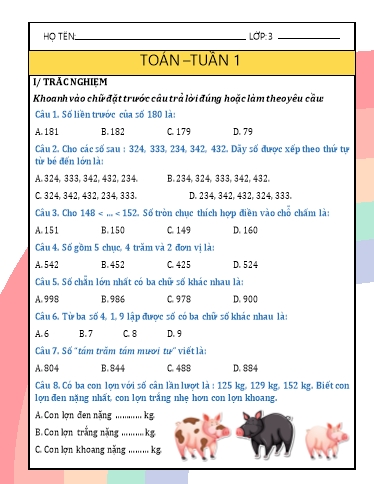 Bài tập ôn tập môn Toán Lớp 1 - 35 tuần