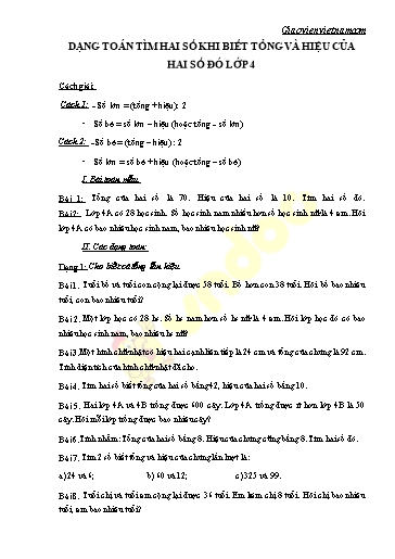 Bài tập ôn tập môn Toán Lớp 4 - Chủ đề: Dạng toán tìm hai số khi biết tổng và hiệu của hai số đó