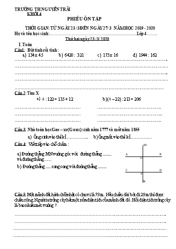 Bài tập ôn tập môn Toán & Tiếng Việt, Tiếng Anh Lớp 4 - Trường Tiểu học Nguyễn Trãi (Lần 7)