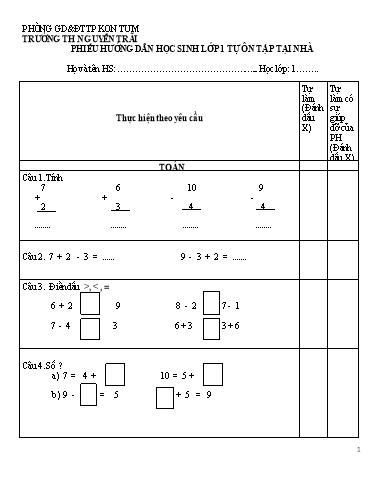 Bài tập ôn tập tại nhà môn Toán & Tiếng Việt - Lớp 1 - Trường Tiểu học Nguyễn Trãi