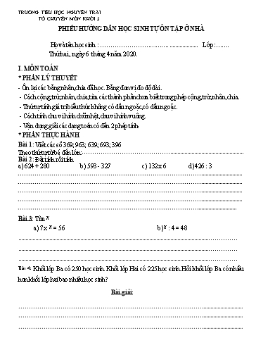 Bài tập ôn tập tại nhà môn Toán & Tiếng Việt Lớp 3 - Trường Tiểu học Nguyễn Trãi