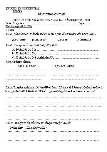 Bài tập ôn tập tại nhà môn Toán & Tiếng Việt - Lớp 4 - Trường Tiểu học Nguyễn Trãi (Lần 4)