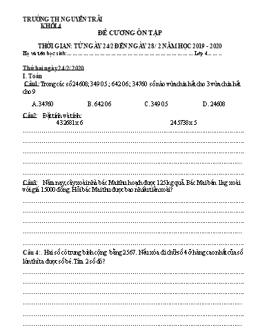 Bài tập ôn tập tại nhà môn Toán & Tiếng Việt - Lớp 4 - Trường Tiểu học Nguyễn Trãi (Lần 3)