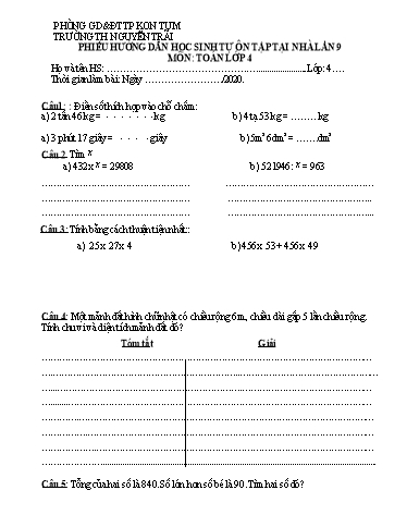 Bài tập ôn tập tại nhà môn Toán & Tiếng Việt Lớp 4 - Trường Tiểu học Nguyễn Trãi (Lần 9)
