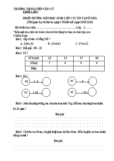 Bài tập ôn tập Toán & Tiếng Việt Khối 2 - Trường Tiểu học Nguyễn Văn Cừ