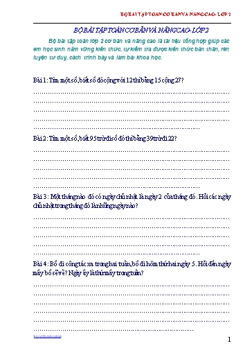 Bộ bài tập Toán cơ bản & nâng cao Lớp 2