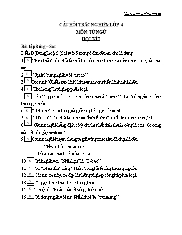 Bộ câu hỏi Trắc nghiệm Lớp 4 môn Tiếng Việt - Luyện từ và câu
