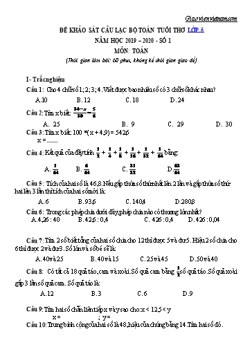 Bộ đề thi khảo sát câu lạc bộ Toán tuổi thơ Lớp 5 - Năm học: 2019-2020