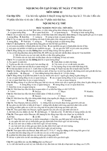 Câu hỏi trắc nghiệm ôn tập Covid 19 môn Sinh học Lớp 12 (Phần 2)