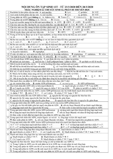 Câu hỏi trắc nghiệm ôn tập môn Sinh Lớp 12 - Phần Di truyền học