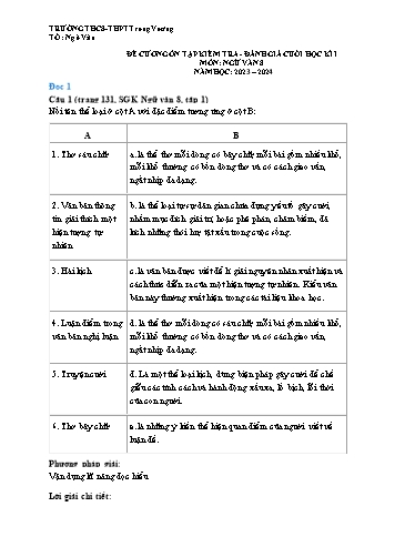 Đề cương ôn tập kiểm tra - đánh giá cuối học kì I môn Ngữ văn Lớp 8 - Năm học 2023-2024 - Trường THCS&THPT Trưng Vương