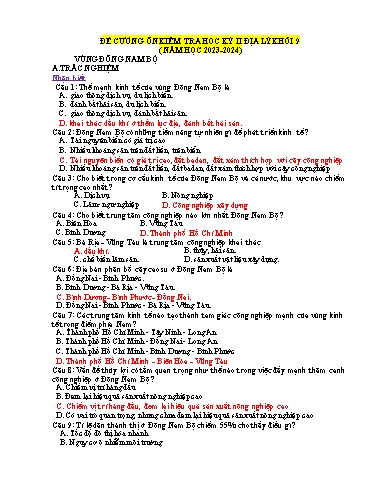 Đề cương ôn tập kiểm tra học kì II môn Địa lí Lớp 9 - Năm học 2023-2024