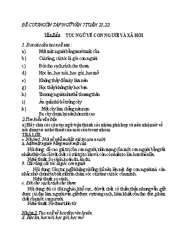 Đề cương ôn tập môn Ngữ văn Lớp 7 - Tuần 21,22 - Trường THCS Cao Ba Quát