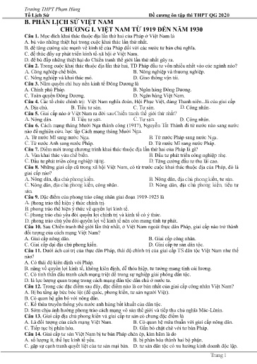 Đề cương ôn thi THPT Quốc gia môn Lịch sử - Phần Lịch sử Việt Nam - Năm 2020
