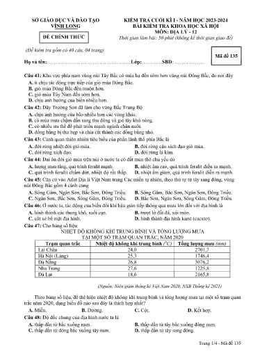 Đề kiểm tra cuối học kì I môn Địa lí Lớp 12 - Mã đề: 135 - Năm học 2023-2024 - SGD&ĐT Vĩnh Long (Có đáp án)