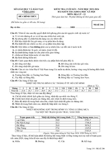 Đề kiểm tra cuối học kì I môn Địa lí Lớp 12 - Mã đề: 246 - Năm học 2023-2024 - SGD&ĐT Vĩnh Long (Có đáp án)