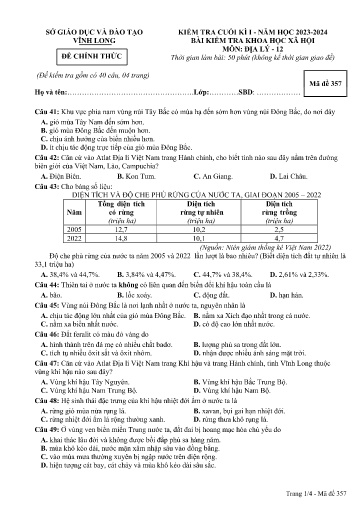 Đề kiểm tra cuối học kì I môn Địa lí Lớp 12 - Mã đề: 357 - Năm học 2023-2024 - SGD&ĐT Vĩnh Long (Có đáp án)