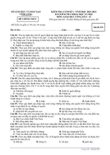 Đề kiểm tra cuối học kì I môn GDCD Lớp 12 - Mã đề: 135 - Năm học 2023-2024 - SGD&ĐT Vĩnh Long (Có đáp án)