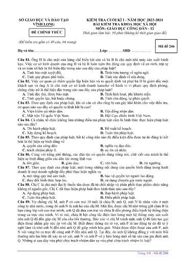 Đề kiểm tra cuối học kì I môn GDCD Lớp 12 - Mã đề: 246 - Năm học 2023-2024 - SGD&ĐT Vĩnh Long (Có đáp án)