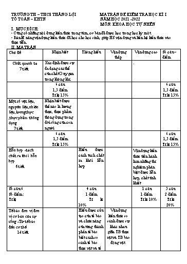 Đề kiểm tra cuối học kì I môn Khoa học tự nhiên Lớp 6 - Năm 2021-2022 - Trường TH&THCS Thắng Lợi (Có ma trận đề + đáp án)