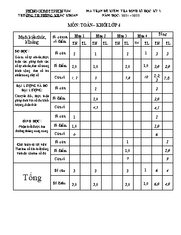 Đề kiểm tra cuối học kì I Toán Lớp 4 - Trường Tiểu học Phùng Khắc Khoan - Năm học 2021-2022 (Có ma trận đề + đáp án)