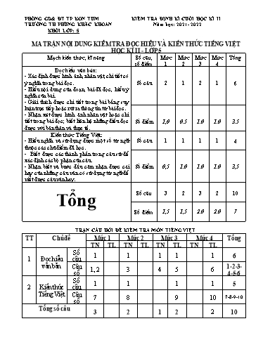 Đề kiểm tra cuối học kì II Tiếng Việt Lớp 5 - Trường Tiểu học Phùng Khắc Khoan - Năm học 2021-2022 (Có ma trận đề + đáp án)