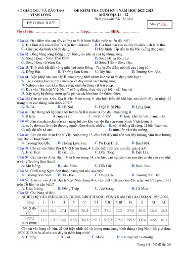 Đề kiểm tra cuối kì I môn Địa lí Lớp 12 - Mã đề: 261 - Năm học 2022-2023 - SGD&ĐT Vĩnh Long (Có đáp án)