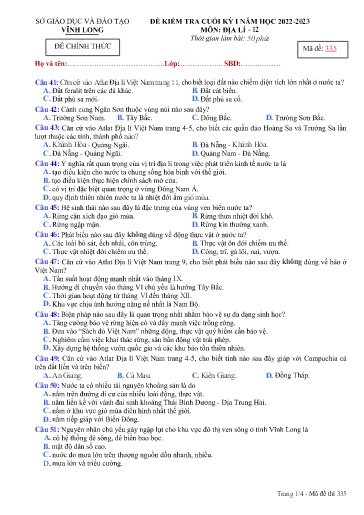 Đề kiểm tra cuối kì I môn Địa lí Lớp 12 - Mã đề: 335 - Năm học 2022-2023 - SGD&ĐT Vĩnh Long (Có đáp án)