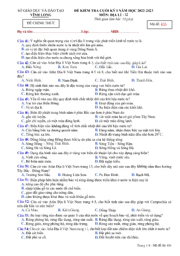 Đề kiểm tra cuối kì I môn Địa lí Lớp 12 - Mã đề: 436 - Năm học 2022-2023 - SGD&ĐT Vĩnh Long (Có đáp án)