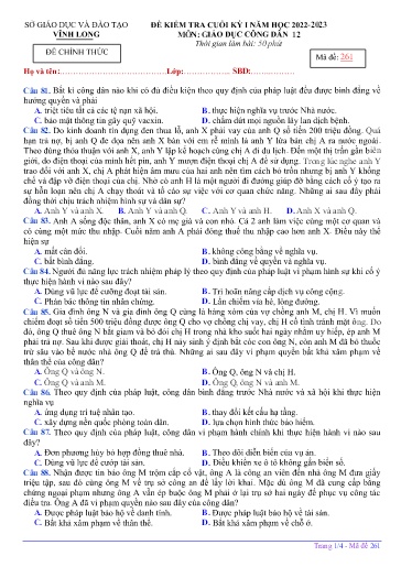 Đề kiểm tra cuối kì I môn GDCD Lớp 12 - Mã đề: 261 - Năm học 2022-2023 - SGD&ĐT Vĩnh Long (Có đáp án)