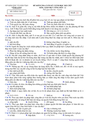 Đề kiểm tra cuối kì I môn GDCD Lớp 12 - Mã đề: 335 - Năm học 2022-2023 - SGD&ĐT Vĩnh Long (Có đáp án)