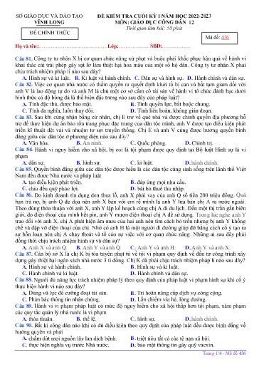Đề kiểm tra cuối kì I môn GDCD Lớp 12 - Mã đề: 436 - Năm học 2022-2023 - SGD&ĐT Vĩnh Long (Có đáp án)