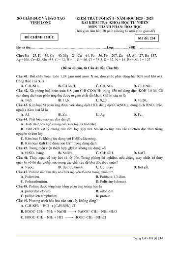 Đề kiểm tra cuối kì I môn Hóa học Lớp 12 - Mã đề: 234 - Năm học 2023-2024 - SGD&ĐT Vĩnh Long (Có đáp án)