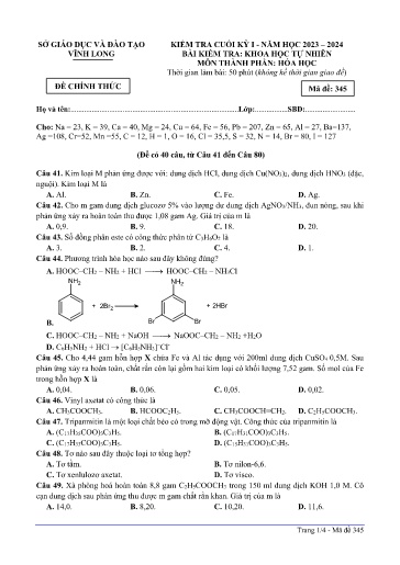 Đề kiểm tra cuối kì I môn Hóa học Lớp 12 - Mã đề: 345 - Năm học 2023-2024 - SGD&ĐT Vĩnh Long (Có đáp án)
