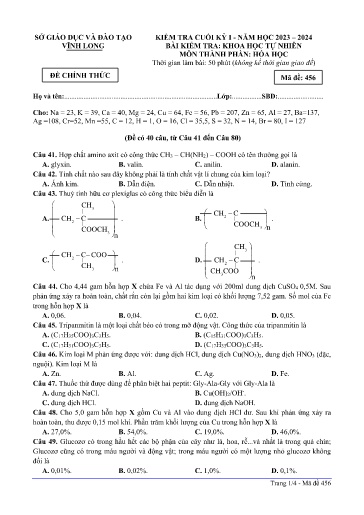 Đề kiểm tra cuối kì I môn Hóa học Lớp 12 - Mã đề: 456 - Năm học 2023-2024 - SGD&ĐT Vĩnh Long (Có đáp án)