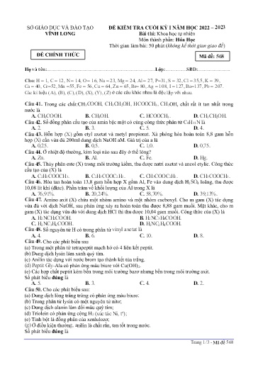 Đề kiểm tra cuối kì I môn Hóa học Lớp 12 - Mã đề: 568 - Năm học 2022-2023 - SGD&ĐT Vĩnh Long (Có đáp án)