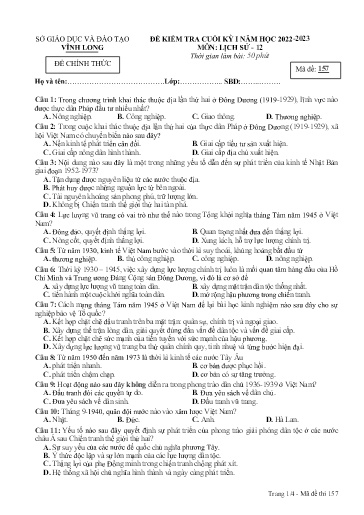 Đề kiểm tra cuối kì I môn Lịch sử Lớp 12 - Mã đề: 157 - Năm học 2022-2023 - SGD&ĐT Vĩnh Long (Có đáp án)